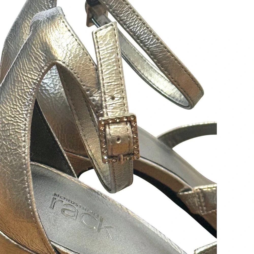 Silver Metallic Square Toe Block Heel Ankle Strap Sandal Heels Sz 9 Valentines - Picture 6 of 9